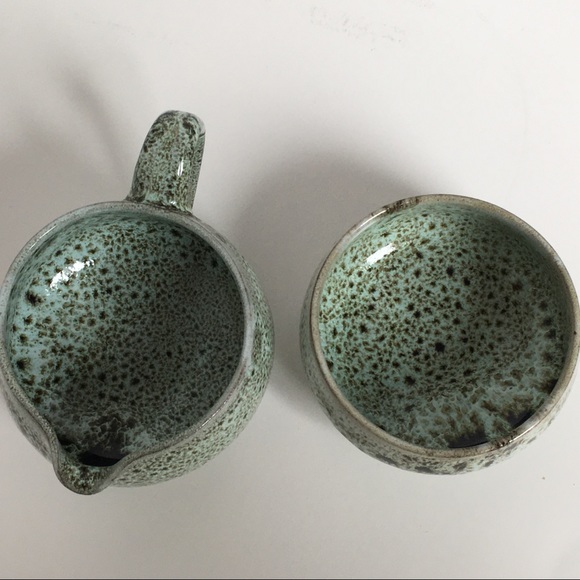Sugar and creamer hand made speckled drip glaze green brown EUC unique vintage - Picture 2 of 16